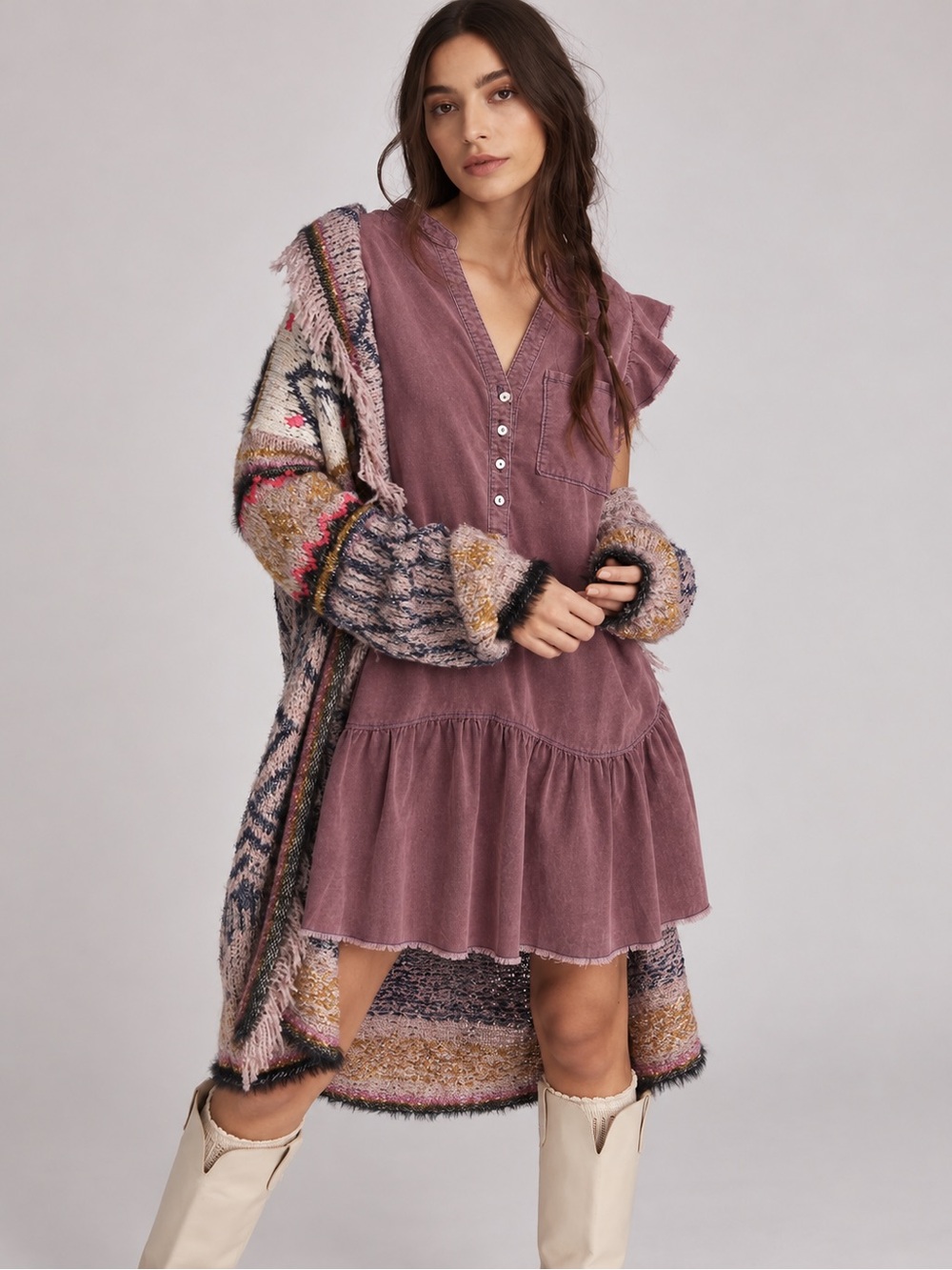 Pilcro Anthropologie Corduroy Ruffle Mini Dress Mauve Pink Size M